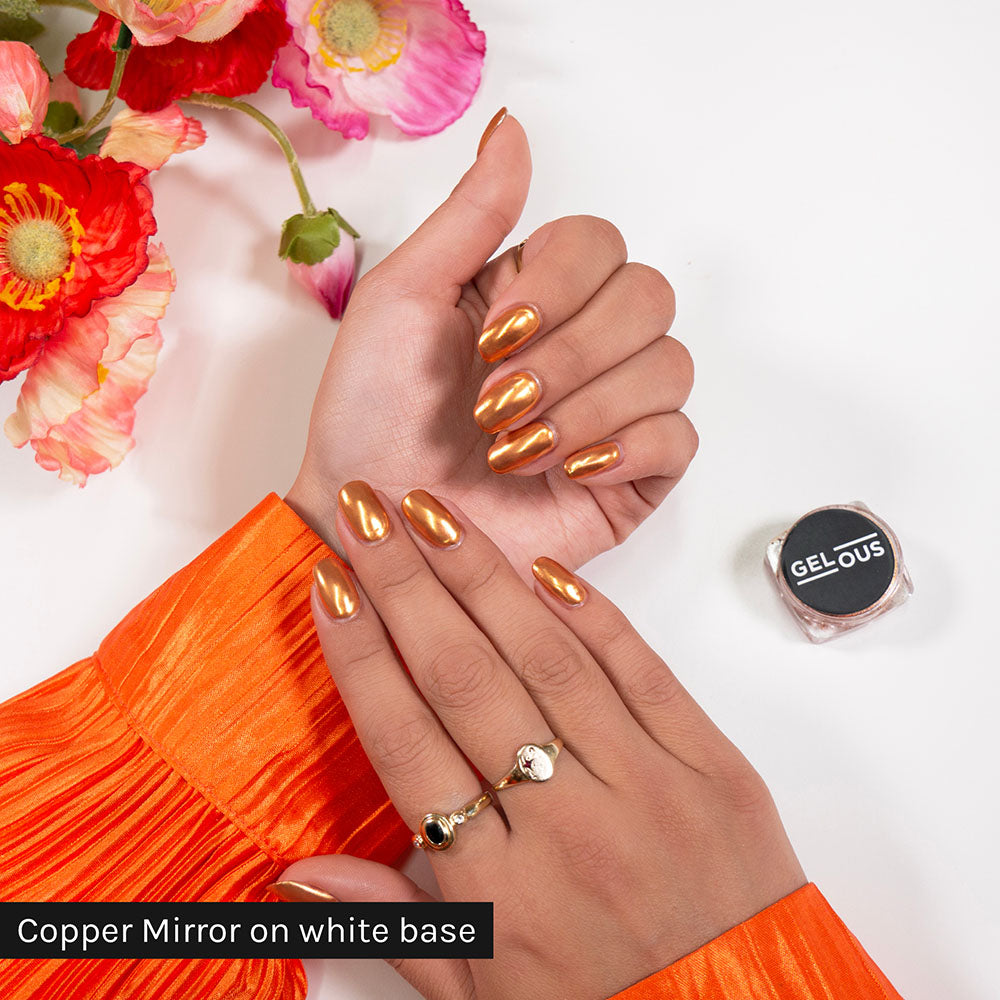 Gelous Copper Mirror Chrome Powder on Just White - photographed in Australia on model