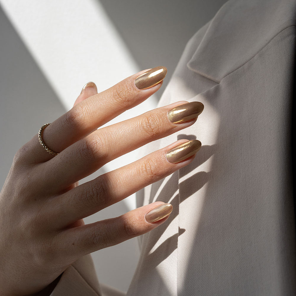 Gelous Gold Mirror Chrome Powder - photographed in Australia on model