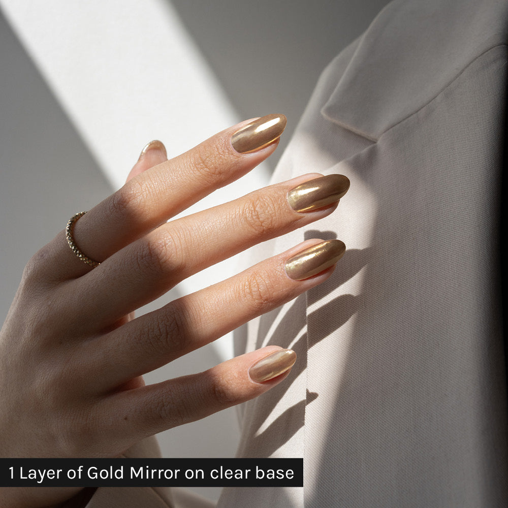 Gelous Gold Mirror Chrome Powder - photographed in Australia on model