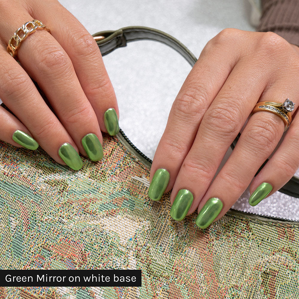 Gelous Green Mirror Chrome Powder on Just White - photographed in Australia on model