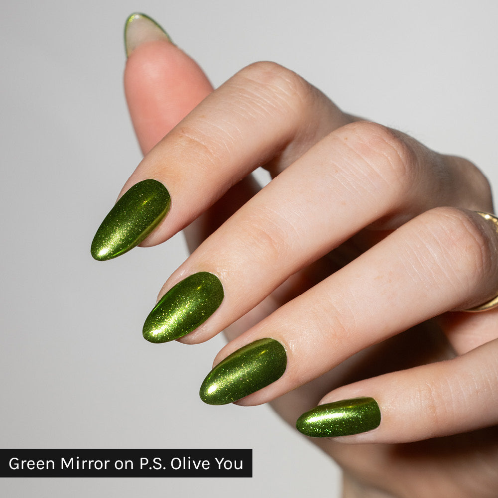 Gelous Green Mirror Chrome Powder on P.S. Olive You - photographed in Australia on model