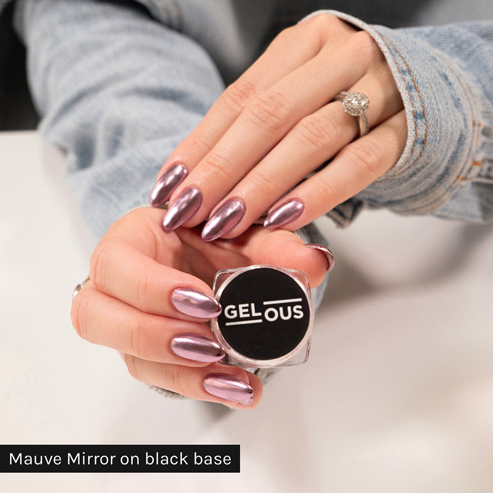 Gelous Mauve Mirror Chrome Powder on Black Out - photographed in Australia on model