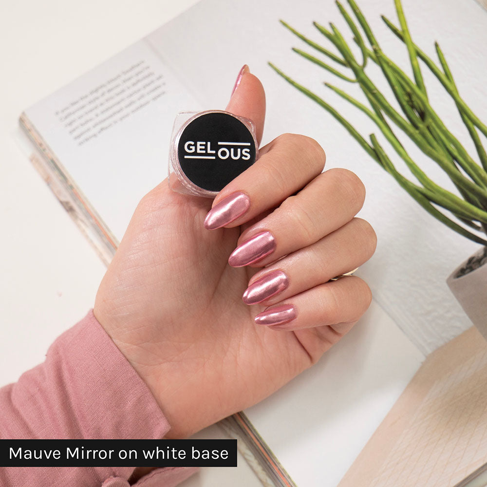 Gelous Mauve Mirror Chrome Powder on Just White - photographed in Australia on model