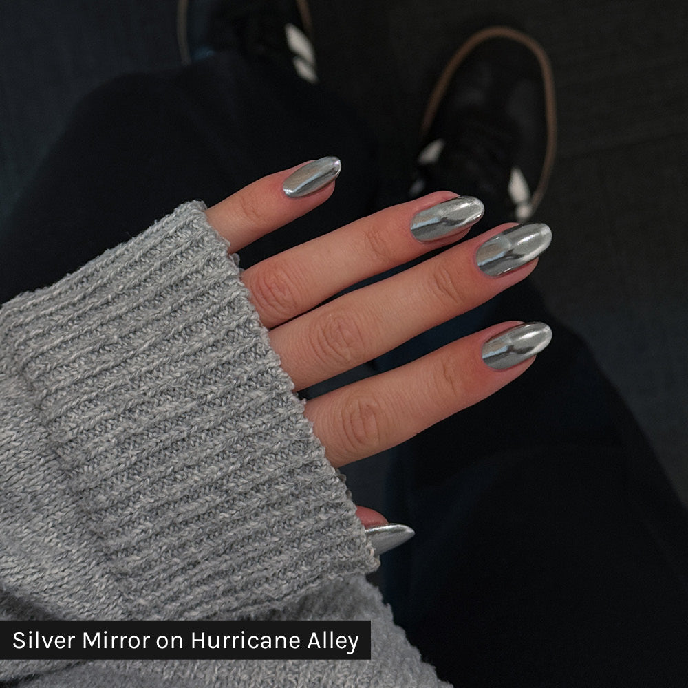 Gelous Silver Mirror Chrome Powder on Hurricane Alley - photographed in Australia on model