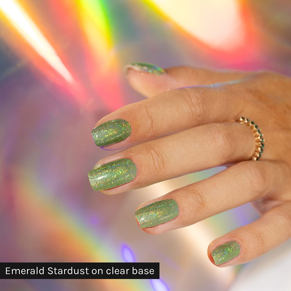 Gelous Emerald Stardust Chrome Powder - photographed in Australia on model