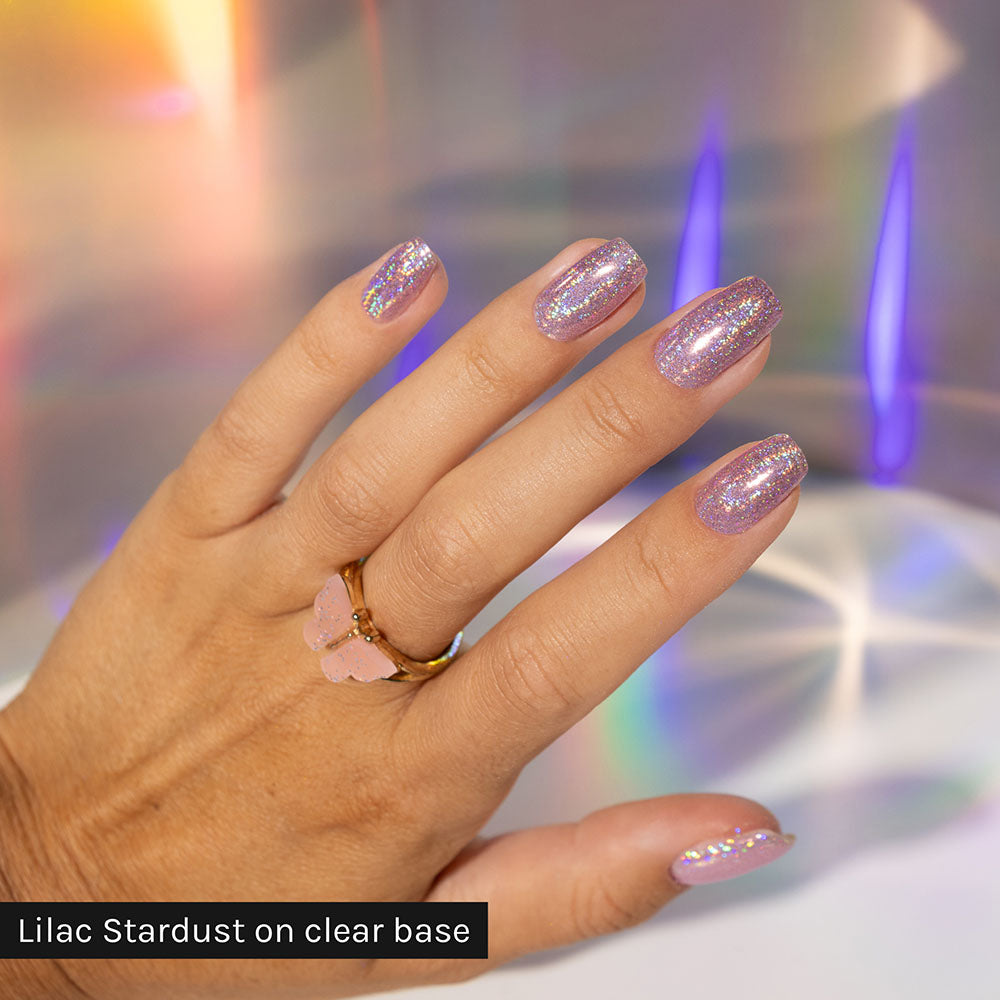 Gelous Lilac Stardust Chrome Powder - photographed in Australia on model