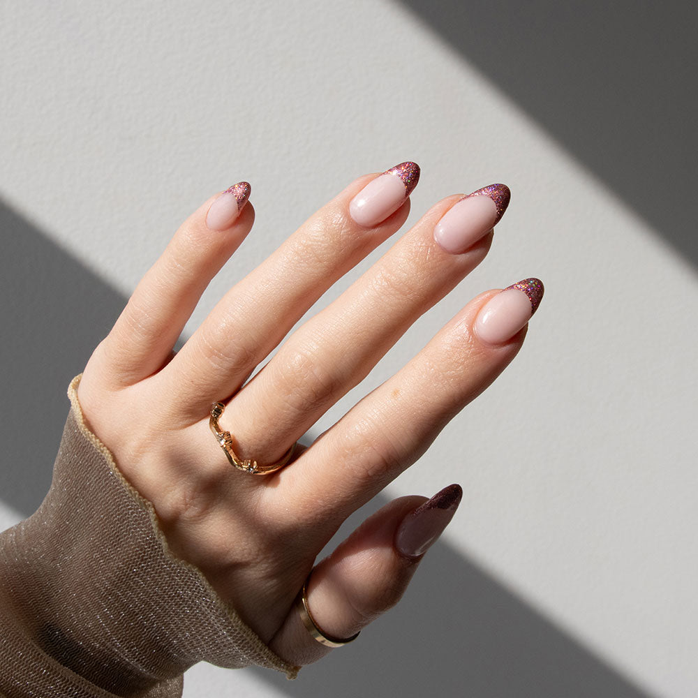 Gelous Rose Stardust Chrome Powder French Tips - photographed in Australia on model