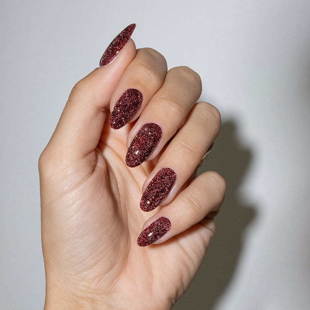 Gelous Imperfect Brown Glitter gel nail polish - photographed in Australia on model