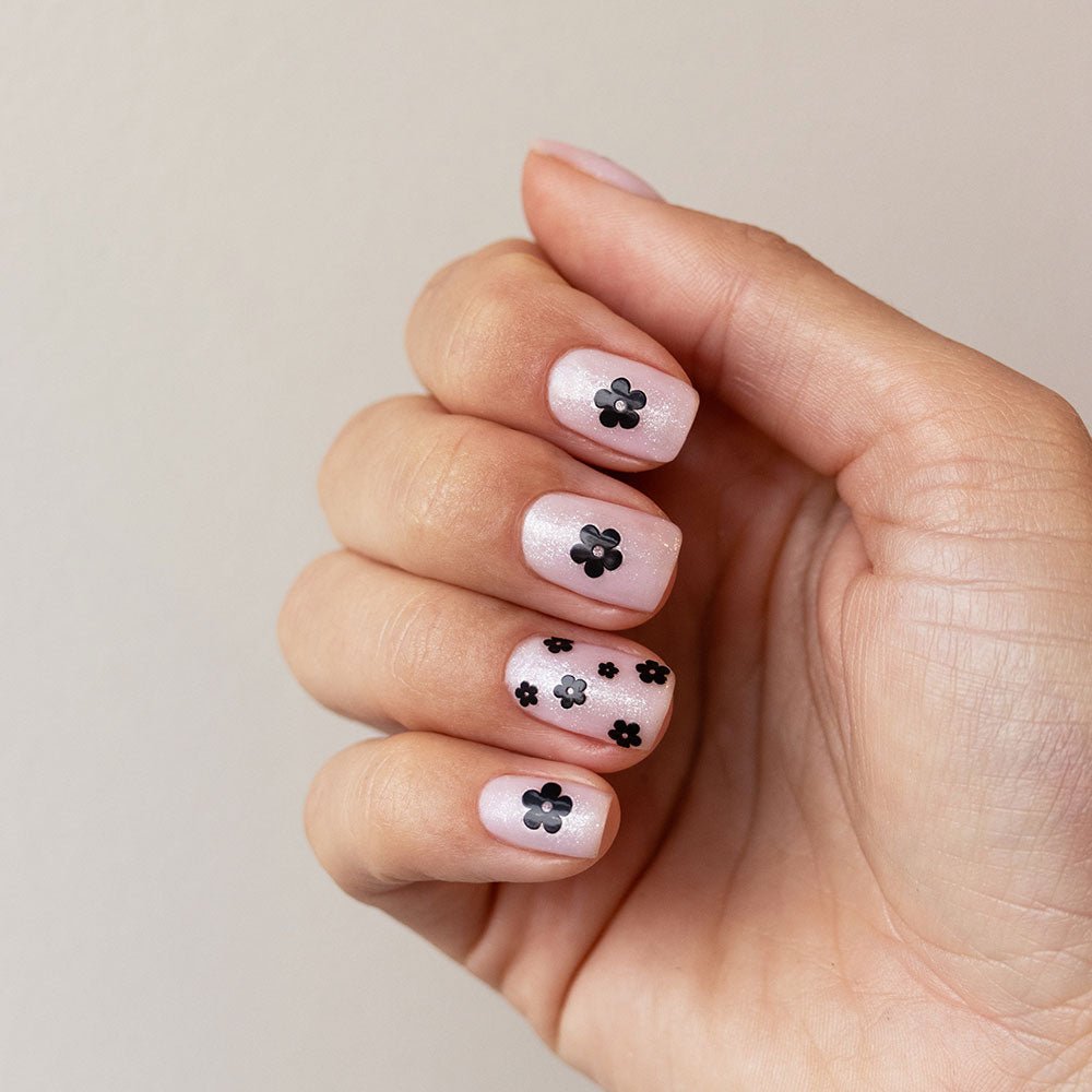 Gelous Milky Pink Builder, Shimmer Top Coat, and Black Daisies Nail Art Stickers - photographed in Australia on model