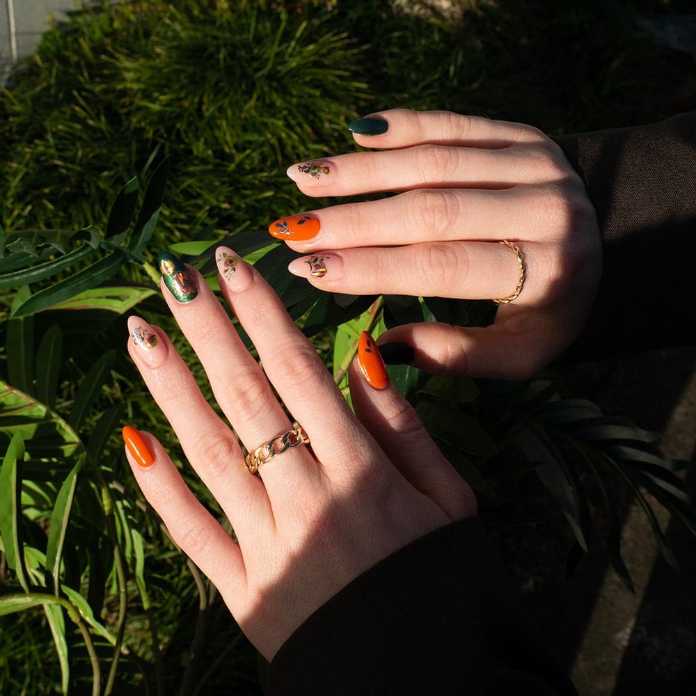 Gelous Orange Marigolds Nail Art Stickers - photographed in Australia on model
