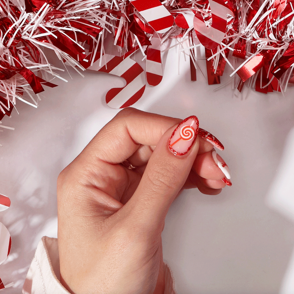 Gelous Candy Cane Christmas Nail Art Stickers - photographed in Australia on model