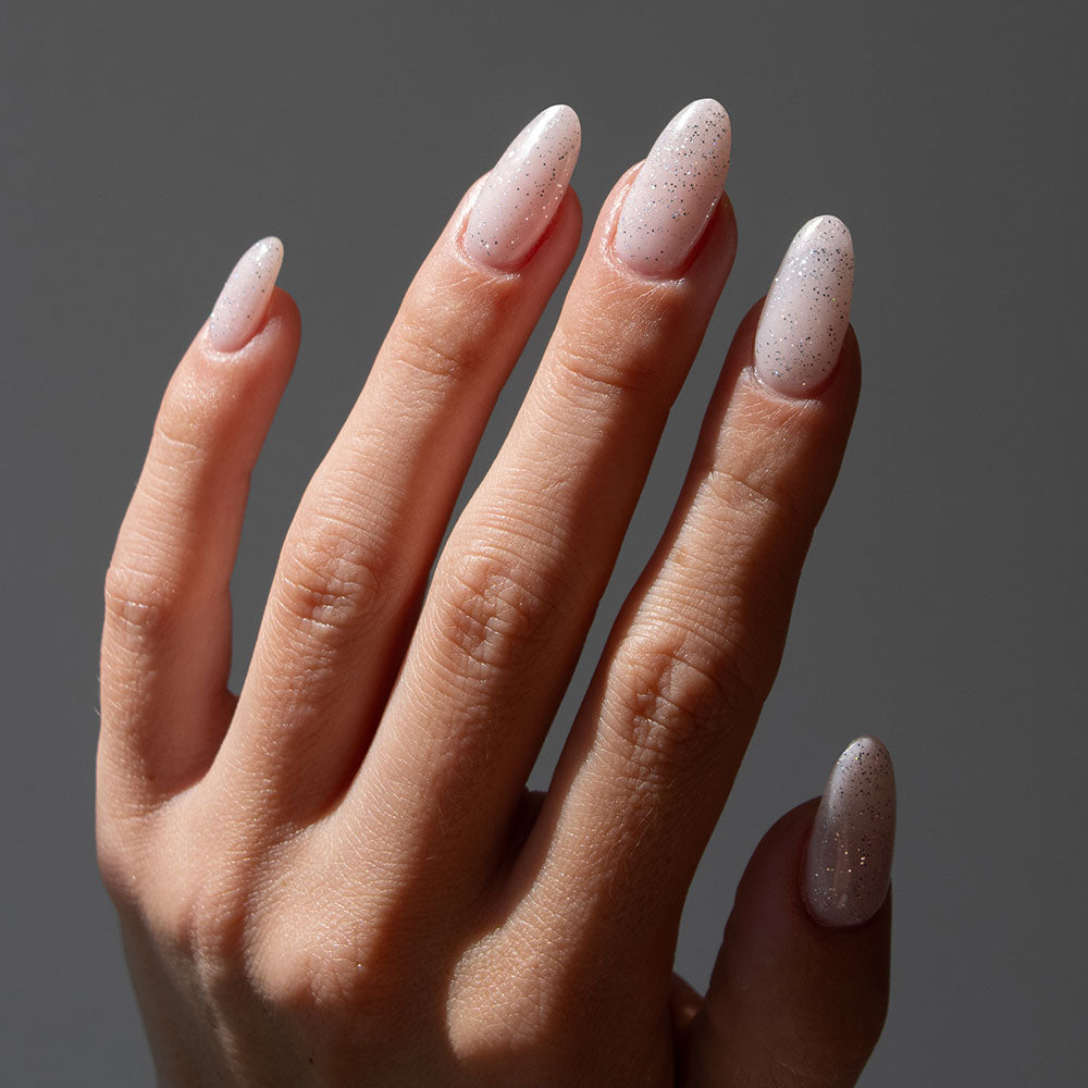 Gelous Fine Glitter Top Coat gel nail polish on model - photographed in Australia