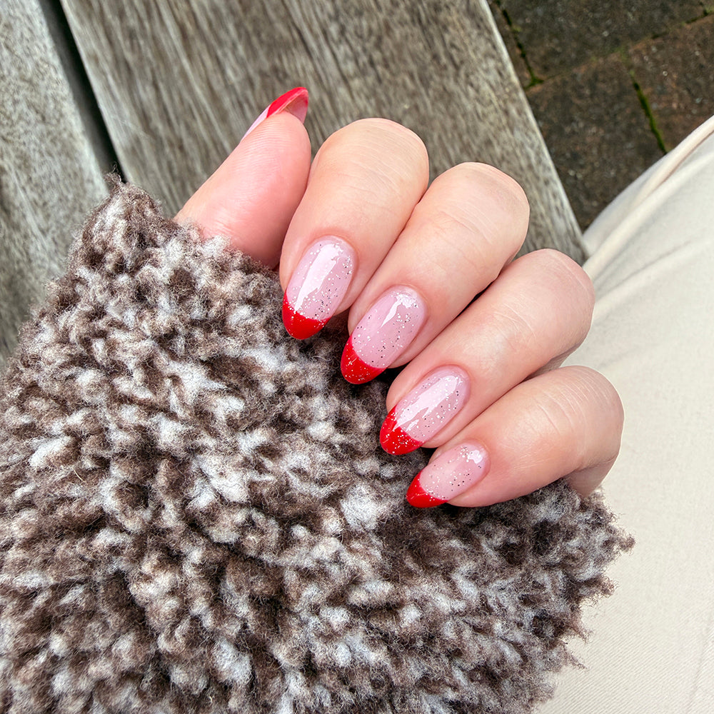Gelous Fine Glitter Top Coat gel nail polish on model - photographed in Australia