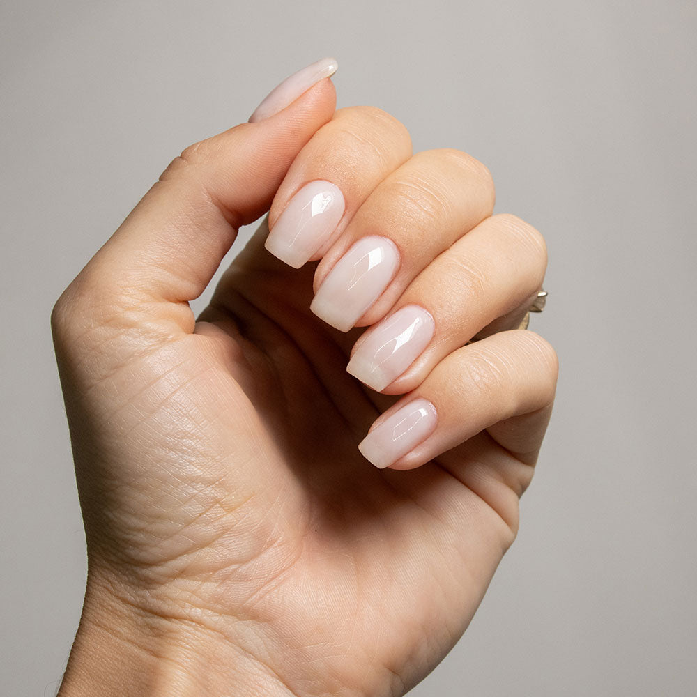 Gelous Milky Top Coat gel nail polish on model - photographed in Australia