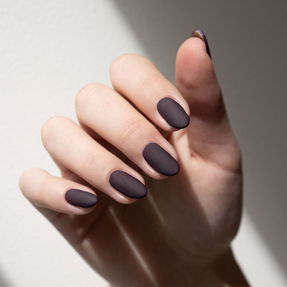 Gelous Matte Top Coat on Vampy Purple gel nail polish  - photographed in Australia on model