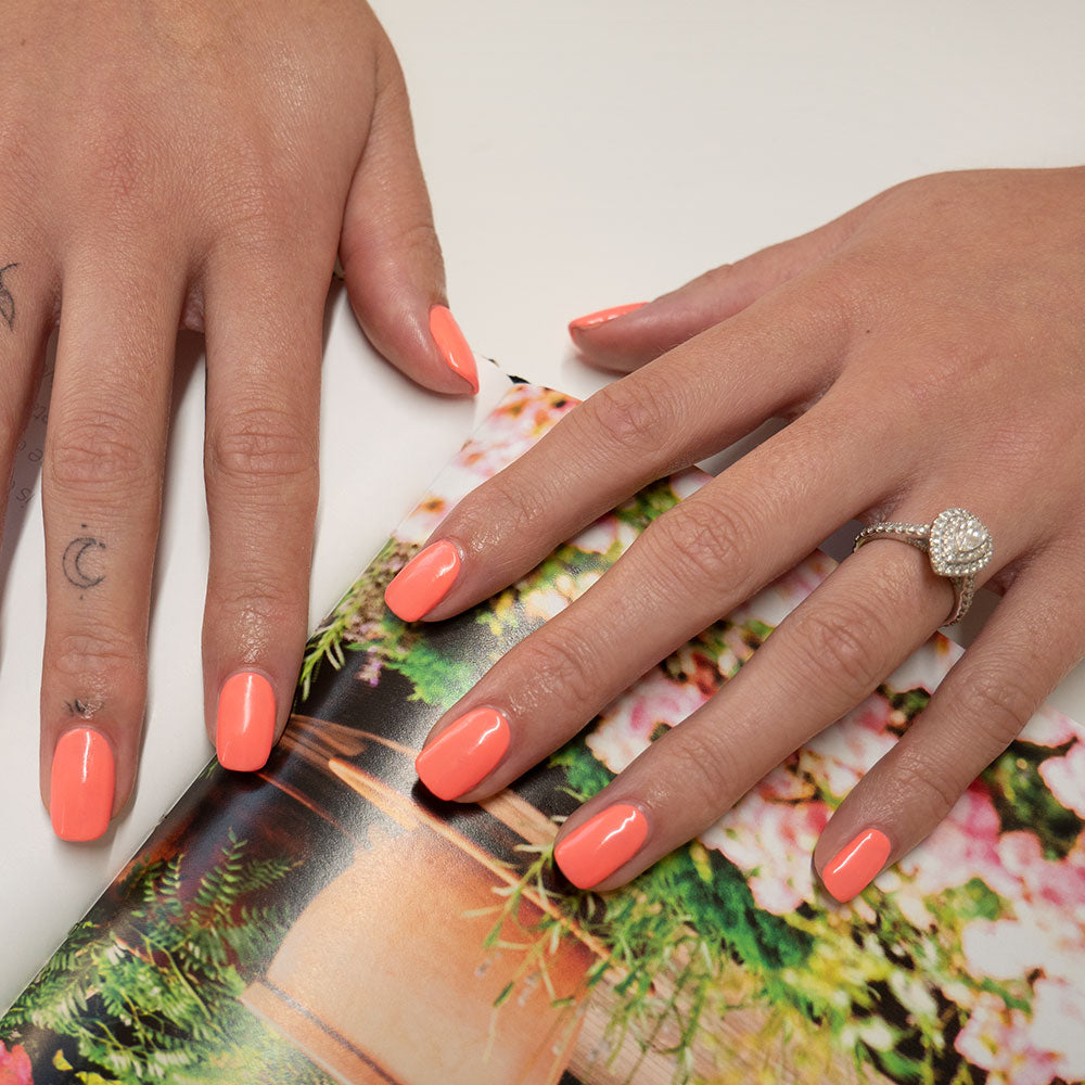 Gelous Coral Baskin gel nail polish - photographed in Australia on model