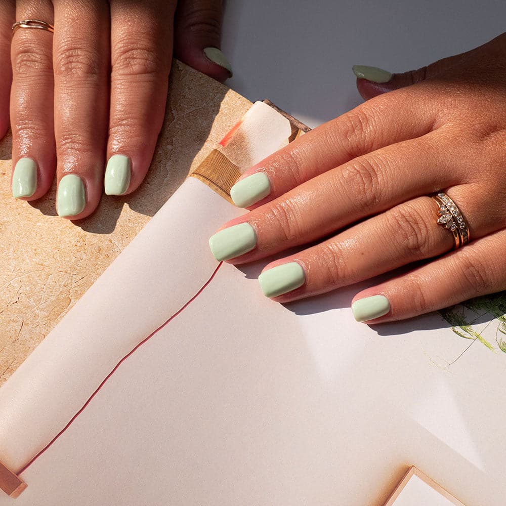 Gelous Serene Green gel nail polish - photographed in Australia on model